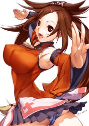 Rule 34 | 1girl, akisa yositake, armpits, bare shoulders, breasts, brown eyes, brown hair, china dress, chinese clothes, covered erect nipples, detached sleeves, dress, guilty gear, hair ornament, impossible clothes, impossible dress, kuradoberi jam, large breasts, long hair, nail polish, open mouth, orange dress, panties, perky breasts, skirt, smile, solo, transparent background, underwear, very long hair