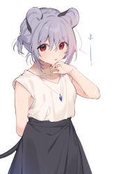 Rule 34 | adapted costume, akagashi hagane, alternate hairstyle, animal ears, arm behind back, black skirt, commentary request, grey hair, hand up, jewelry, looking at viewer, mouse ears, mouse tail, nazrin, pendant, ponytail, red eyes, shirt, short hair, simple background, skirt, sleeveless, sleeveless shirt, sweat, tail, touhou, upper body, white background, white shirt