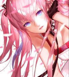 Rule 34 | 1girl, artist name, black gloves, blue eyes, breasts, commentary request, fingerless gloves, girls&#039; frontline, gloves, hair between eyes, hand in own hair, kei (seona2020), large breasts, leaning forward, long hair, looking at viewer, parted lips, pink hair, side ponytail, signature, solo, st ar-15 (girls&#039; frontline), white background
