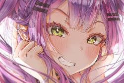 Rule 34 | 1girl, bad id, bad pixiv id, blush, close-up, ear piercing, esearu, fingernails, green eyes, grin, hair ornament, hairclip, highres, hololive, long hair, looking at viewer, multicolored hair, multicolored nails, nail polish, piercing, pink hair, pink nails, portrait, purple hair, sidelocks, smile, solo, streaked hair, tokoyami towa, twintails, virtual youtuber, yellow nails