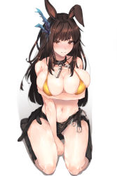Rule 34 | 10s, 1girl, absurdres, animal ears, bad id, bad pixiv id, belt, belt skirt, blade &amp; soul, blurry, blush, boots, breast hold, breast press, breast rest, breasts, brown eyes, brown hair, buckle, cleavage, collar, hair ornament, highres, hplay, kneeling, large breasts, long hair, looking at viewer, matching hair/eyes, navel, original, rabbit ears, seiza, simple background, sitting, solo, white background