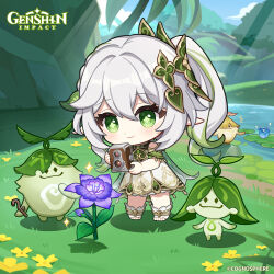 Rule 34 | 1girl, absurdres, aranara (genshin impact), camera, chibi, closed mouth, commentary, copyright name, day, dress, english commentary, flower, full body, genshin impact, green eyes, green hair, grey hair, hair between eyes, hair ornament, highres, holding, holding camera, light smile, multicolored hair, nahida (genshin impact), nilotpala lotus (genshin impact), official art, outdoors, pointy ears, pond, purple flower, side ponytail, sparkle, standing, streaked hair, sumeru rose (genshin impact), symbol-shaped pupils, toeless footwear, two-tone hair, water, white footwear