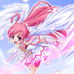 Rule 34 | 00s, 1girl, angel wings, bike shorts, bike shorts under skirt, bug, butterfly, cure dream, dress, energy sword, flower, gloves, hair rings, insect, lightsaber, long hair, magical girl, open mouth, pink flower, pink hair, pink rose, pink shorts, precure, purple eyes, rose, running, shining dream, shorts, shorts under skirt, solo, sword, tonpuu, weapon, wings, yes! precure 5, yumehara nozomi