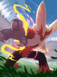 Rule 34 | 1other, blaziken, blurry, claws, closed mouth, cloud, commentary, creatures (company), day, fire, furry, game freak, gen 3 pokemon, grass, hoodiecrow, looking at viewer, mega blaziken, mega pokemon, nintendo, on one knee, outdoors, pokemon, pokemon (creature), sky, solo, stadium, twitter username, watermark