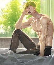 Rule 34 | 1boy, abs, bed sheet, black pants, closed eyes, curtains, earrings, green hair, jewelry, male focus, messy hair, muscular, muscular male, one piece, open mouth, pants, pectorals, roronoa zoro, sharp teeth, shiny skin, solo, teeth, toned, toned male, topless male, tree, yawning