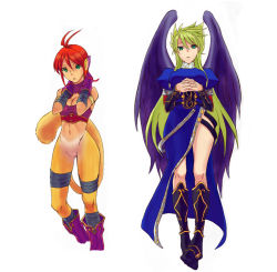 Rule 34 | 2girls, blonde hair, boots, breasts, breath of fire, breath of fire ii, bridal gauntlets, capcom, cleavage, commentary request, dress, gloves, green eyes, knee boots, long hair, looking at viewer, multiple girls, nina (breath of fire ii), no pussy, nyantiu, open mouth, purple wings, rinpoo chuan, short hair, side slit, simple background, white background, wings