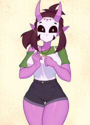 Rule 34 | 1girl, black eyes, clenched hands, colored skin, crossed legs, green shirt, horns, jewelry, kora (xyronii), mask, neck, necklace, non-web source, nose, original, ponytail, purple skin, shirt, shorts, sidelocks, simple background, thighs, white background, white shirt, xyronii