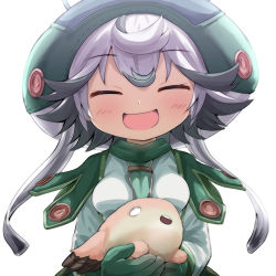 Rule 34 | 1girl, :d, blush, breasts, closed eyes, creature, facing viewer, gloves, green gloves, green headwear, grey hair, hair between eyes, hat, long sleeves, made in abyss, medium breasts, meinya (made in abyss), multicolored hair, open mouth, prushka, shirt, simple background, smile, two-tone hair, upper body, watarui, white background, white shirt