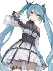 1girl alternate_costume aqua_eyes aqua_flower aqua_hair aqua_nails aqua_rose arm_at_side arm_up bare_shoulders blush closed_mouth cowboy_shot dress flower flower_tattoo frilled_sleeves frills hair_flower hair_ornament hatsune_miku highres karyln long_hair long_sleeves looking_at_viewer o-ring off-shoulder_dress off_shoulder rose simple_background solo standing tattoo twintails v very_long_hair vocaloid white_background white_dress