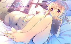 Rule 34 | 1girl, barefoot, bed, blonde hair, book, dutch angle, feet, feet together, foreshortening, grin, highres, indoors, legs, looking at viewer, nail polish, official art, official wallpaper, pig, pillow, purple eyes, short hair, sitting, smile, solo, talt, tart (tears to tiara ii), tatami to hinoki, tears to tiara, tears to tiara ii, toenail polish, toenails, toes, wallpaper, window