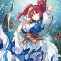 Rule 34 | 1girl, album cover, arm up, blush, breasts, cleavage, coin, cover, dress, fal maro, female focus, flower, gradient background, hair bobbles, hair ornament, large breasts, long hair, looking at viewer, obi, onozuka komachi, open mouth, puffy sleeves, red eyes, red hair, sash, scythe, short sleeves, solo, spider lily, touhou, twintails, two side up, wrist cuffs