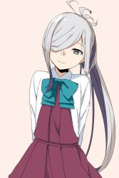 Rule 34 | 1girl, :&gt;, ahoge, arms behind back, asashimo (kancolle), bow, bowtie, split mouth, grey eyes, hair over one eye, halterneck, kantai collection, long hair, long sleeves, looking at viewer, moti coi, ponytail, school uniform, shirt, silver hair, simple background, smile, solo, white background, white shirt