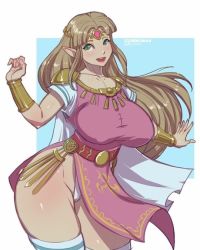 Rule 34 | 1girl, alternate ass size, alternate body size, alternate breast size, blonde hair, bokuman, breasts, covered erect nipples, cowboy shot, curvy, dress, eyebrows, female focus, green eyes, huge breasts, legs together, long hair, nintendo, open mouth, panties, pelvic curtain, pointy ears, princess, princess zelda, revealing clothes, short sleeves, simple background, skindentation, smile, solo, standing, the legend of zelda, thick thighs, thighhighs, thighs, underwear, white panties, wide hips