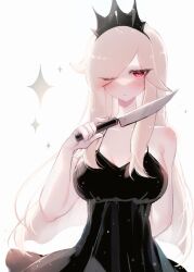 Rule 34 | black dress, blush, breasts, dress, eyes visible through hair, hairband, holding, holding weapon, knife, large breasts, long hair, one eye closed, one eye covered, original, red eyes, sidelocks, usa37107692, weapon, white hair