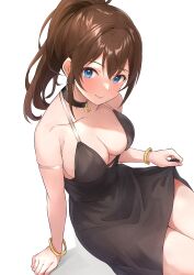 Rule 34 | 1girl, absurdres, arm strap, arm support, b1ack illust, bangle, black choker, black dress, blue eyes, blush, bracelet, breasts, brown hair, choker, closed mouth, collarbone, commentary request, dot nose, dress, from above, hair between eyes, highres, idolmaster, idolmaster million live!, jewelry, large breasts, long hair, looking at viewer, pendant choker, ponytail, satake minako, simple background, sitting, sleeveless, sleeveless dress, smile, solo, white background