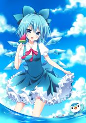 Rule 34 | 1girl, :d, bad id, bad pixiv id, blue bow, blue dress, blue eyes, blue hair, bow, cirno, cloud, creatures (company), crossover, day, dress, food, fruit, game freak, gen 2 pokemon, gen 4 pokemon, hair bow, holding, matching hair/eyes, mayo (miyusa), neck ribbon, nintendo, open mouth, piplup, pokemon, pokemon (creature), popsicle, puffy short sleeves, puffy sleeves, ribbon, short hair, short sleeves, skirt hold, sky, smile, standing, touhou, wading, water, watermelon, watermelon bar, wings, wooper