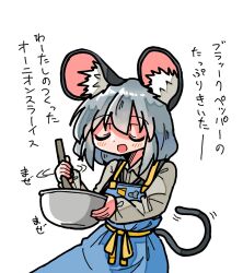 Rule 34 | 1girl, animal ears, apron, blue apron, closed eyes, kasuya baian, mouse (animal), mouse ears, mouse girl, mouse tail, nazrin, romaji text, short hair, solo, tail, touhou, white background