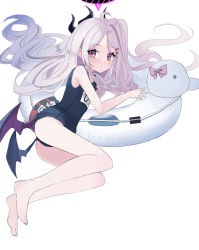 Rule 34 | 1girl, absurdres, ahoge, ass, barefoot, blue archive, commentary request, demon girl, demon horns, demon wings, forehead, hair ornament, hairclip, highres, hina (blue archive), hina (swimsuit) (blue archive), horns, innertube, long hair, looking at viewer, lying, name tag, official alternate costume, old school swimsuit, on side, one side up, parted bangs, purple eyes, saibashi (develop komono), school swimsuit, sidelocks, simple background, sleeveless, solo, swim ring, swimsuit, whistle, whistle around neck, white background, white hair, wings