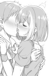 Rule 34 | 1boy, 1girl, bang dream!, blush, commentary request, closed eyes, french kiss, greyscale, hands on another&#039;s back, hands on another&#039;s shoulders, hetero, hidden eyes, kiss, mitake ran, monochrome, multicolored hair, short hair, short sleeves, sketch, streaked hair, suisen toire (moko924), sweat, tongue, tongue out, trembling, upper body, wristband