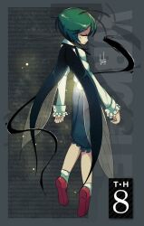 Rule 34 | 1girl, antennae, black cape, blue shorts, cape, closed eyes, closed mouth, commentary, dushiido, english commentary, frilled shorts, frilled sleeves, frills, from behind, full body, green hair, grey background, highres, insect wings, long sleeves, red footwear, shirt, shoes, short hair, shorts, socks, solo, touhou, white shirt, white socks, wings, wriggle nightbug