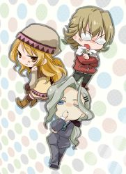 Rule 34 | 10s, 2boys, bad id, bad pixiv id, barnaby brooks jr., beanie, blonde hair, blue eyes, boots, bow, brown eyes, brown legwear, chibi, crossed arms, detached sleeves, formal, glasses, hair bow, hair ornament, hairclip, hat, karina lyle, long hair, mochi mocchi, multiple boys, necktie, ponytail, suit, thighhighs, tiger &amp; bunny, wince, yawning, yuri petrov