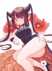 Rule 34 | 1girl, 7eddy, ass, bare shoulders, black dress, black footwear, blue eyes, blunt bangs, blush, breasts, china dress, chinese clothes, cleavage, closed mouth, detached sleeves, dress, fate/grand order, fate (series), flower, hair ornament, high heels, large breasts, legs, long hair, looking at viewer, lying, on side, purple hair, sidelocks, smile, solo, twintails, very long hair, white background, yang guifei (fate), yang guifei (second ascension) (fate)