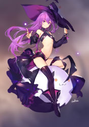 Rule 34 | 1girl, aisha landar, artist name, black thighhighs, boots, breasts, detached sleeves, elsword, full body, grin, hand on headwear, hat, highres, long hair, looking at viewer, midriff, miniskirt, navel, oz sorcerer (elsword), pleated skirt, purple eyes, purple hair, revealing clothes, skirt, small breasts, smile, solo, swd3e2, thighhighs, underboob, witch hat