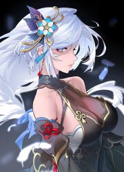 Rule 34 | 1girl, bare shoulders, black dress, blue eyes, breasts, cleavage, detached sleeves, dress, genshin impact, hair ornament, highres, large breasts, long hair, looking at viewer, official alternate costume, official alternate hairstyle, serpent (pepepp39), shenhe (frostflower dew) (genshin impact), shenhe (genshin impact), sleeveless, sleeveless dress, solo, upper body, very long hair, white hair