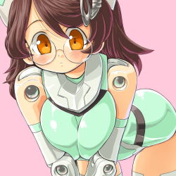 Rule 34 | 10s, 1girl, bad id, bad pixiv id, bare shoulders, bent over, blush, breasts, breasts squeezed together, bright feather (busou shinki), brightfeather, brown eyes, brown hair, busou shinki, cowboy shot, dd (ijigendd), doll joints, glasses, hair ornament, halterneck, hat, huge breasts, joints, large breasts, leotard, long hair, looking at viewer, nurse, nurse cap, orange eyes, parted bangs, pink background, rimless eyewear, simple background, solo, thighhighs, v arms