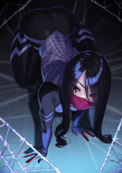 Rule 34 | 1girl, absurdres, all fours, animification, ass, black bodysuit, black hair, bodysuit, breasts, brown eyes, hair between eyes, highres, kagematsuri, long hair, looking at viewer, marvel, mask, mouth mask, revision, silk, silk (marvel), small breasts, solo, spider-man (series), spider web, spider web print, thighs