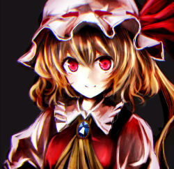 Rule 34 | 1girl, ascot, bad id, bad pixiv id, black background, blonde hair, chromatic aberration, commentary request, crystal, flandre scarlet, hat, hat ribbon, long hair, looking at viewer, mob cap, red eyes, red ribbon, ribbon, side ponytail, smile, solo, swav, tosk (swav-coco), touhou, upper body