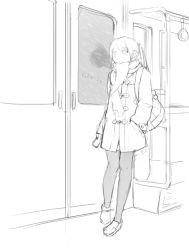 Rule 34 | 1girl, coat, greyscale, monochrome, ooji, pantyhose, scarf, sketch, solo, train, train interior
