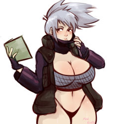 Rule 34 | 1girl, artist name, book, breasts, fingerless gloves, fishnet top, fishnets, genderswap, genderswap (mtf), gloves, grey hair, hatake kakashi, holding, holding book, large breasts, looking to the side, mask pull, mole, mole under mouth, naruto (series), naruto shippuuden, navel, open book, open clothes, pinkkoffin, scar, scar across eye, scar on face, solo, thong, underwear, white background, wide hips