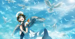 Rule 34 | 1girl, :d, angel wings, animal, animal hug, bird, black bird, blue sky, blurry, bokeh, brown eyes, brown hair, chromatic aberration, commentary request, day, depth of field, dress, feathered wings, flock, from below, haibane renmei, halo, hbsprout, highres, holding, holding animal, holding bird, lens flare, light rays, open mouth, orange sailor collar, rakka (haibane), sailor collar, short hair, sky, smile, solo, sunlight, teeth, upper body, upper teeth only, white bird, white dress, white wings, wings