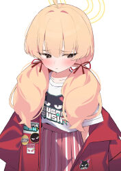 Rule 34 | 1girl, absurdres, ahoge, black eyes, blonde hair, blue archive, closed mouth, clothes writing, commentary request, hair ribbon, halo, highres, jacket, medium hair, red jacket, red ribbon, ribbon, shirt, simple background, solo, twintails, white background, white shirt, yellow halo, yoshimi (band) (blue archive), yoshimi (blue archive), yuyuripo