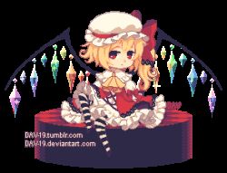 Rule 34 | 1girl, adapted costume, animated, animated gif, artist name, ascot, blonde hair, bow, closed mouth, commentary, cross-laced clothes, crystal, dav-19, dress, english commentary, expressionless, flandre scarlet, frills, full body, hat, hat bow, knee up, looking at viewer, lowres, mob cap, one side up, pantyhose, petticoat, pixel art, red bow, red dress, red eyes, sitting, solo, sparkle, striped clothes, striped pantyhose, touhou, transparent background, watermark, web address, wings, yellow ascot