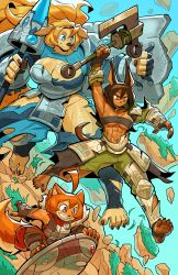 Rule 34 | 3girls, abs, absurdres, ahoge, animal ears, armor, armpits, axe, blonde hair, blue eyes, breasts, broken armor, brown eyes, brown hair, cee-haz, collar, commentary, dog ears, dog girl, dog tail, english commentary, fingerless gloves, furry, furry female, gloves, hair between eyes, highres, holding, holding axe, holding shield, jeane (cee-haz), large breasts, long hair, multiple girls, muscular, muscular female, original, parted lips, rory (cee-haz), shield, short hair, smile, strapless, tail, teeth, torn clothes, tube top