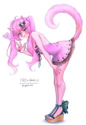 Rule 34 | 1girl, alternate costume, animal ears, bent over, black bow, blush, bow, breasts, cat ears, cat tail, didi (galacticdidi), dress, from side, hair bow, hand on own thigh, heart, highres, nail polish, nyatasha nyanners, nyatasha nyanners (4th costume), pink dress, platform footwear, purple eyes, purple nails, small breasts, smile, solo, tail, toenail polish, toenails, twintails, twitter username, v, virtual youtuber, vshojo