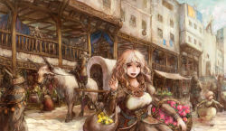 Rule 34 | 1girl, breasts, copyright request, curly hair, dress, feathers, flower, large breasts, original, solo focus, tori (qqqt), wagon, yak