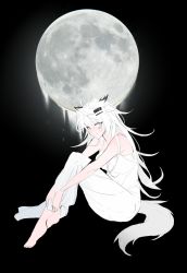 Rule 34 | 1girl, absurdres, alternate costume, animal ears, arknights, bare shoulders, barefoot, closed mouth, clothing cutout, dress, full body, full moon, highres, knees up, lappland (arknights), long hair, looking at viewer, meng ziya, moon, scar, scar across eye, scar on face, sleeveless, sleeveless dress, smile, solo, tail, tail through clothes, very long hair, white dress, white hair, wolf ears, wolf girl, wolf tail