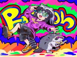Rule 34 | 1girl, alternate costume, animal, animal ears, arm up, black hair, breast pocket, cargo shorts, chain, chain necklace, character name, chibi, colorful, commentary request, common raccoon (kemono friends), drawstring, fangs, foot up, full body, graffiti, grey hair, highres, hood, hoodie, jewelry, kemono friends, leaning back, long sleeves, looking at viewer, medium hair, multicolored hair, necklace, open mouth, outstretched arm, pocket, raccoon, raccoon ears, raccoon girl, raccoon tail, shoes, shorts, smile, sneakers, striped, striped tail, sunglasses, tail, umikaze shuu, white hair