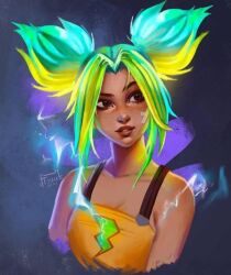 Rule 34 | 1girl, bandages, brown eyes, electricity, green hair, league of legends, non-web source, zeri (league of legends)