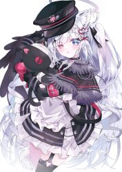 Rule 34 | 1girl, animal ears, aoi yugina, armband, black hat, black necktie, blue eyes, chestnut mouth, choker, cross, cross necklace, garter straps, halo, hat, heterochromia, highres, jewelry, looking at viewer, necklace, necktie, open mouth, original, peaked cap, red eyes, single garter strap, solo, stuffed animal, stuffed toy, two side up