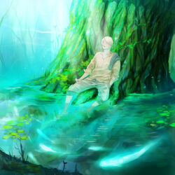 Rule 34 | 1boy, blonde hair, cigarette, clothes on shoulders, day, full body, ginko, green theme, hair over one eye, light rays, looking up, male focus, mouth hold, mushishi, nature, outdoors, pants, pants rolled up, renton (guero), soaking feet, solo, tree, under tree, water