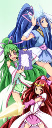 Rule 34 | 3girls, :d, blue eyes, blue hair, crown, cure empress, cure magician, cure priestess, dokidoki! precure, gloves, green hair, highres, long hair, md5 mismatch, mirror, multiple girls, open mouth, p-chan (mitsuta52), pink eyes, polearm, ponytail, precure, red eyes, red hair, smile, spear, weapon