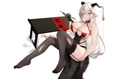 Rule 34 | 1girl, absurdres, aegir (azur lane), aegir (golden dragon among auspicious clouds) (azur lane), artist name, azur lane, bare shoulders, black garter straps, black gloves, black horns, black thighhighs, breasts, calligraphy brush, chinese zodiac, cleavage, criss-cross halter, cross-laced clothes, demon horns, framed breasts, garter straps, gloves, hair on horn, halterneck, highres, holding, holding brush, holding calligraphy brush, holding paintbrush, horns, knees up, lace, lace-trimmed thighhighs, large breasts, long hair, multicolored hair, official alternate costume, red hair, revealing clothes, sideless outfit, sitting, streaked hair, thighhighs, torn clothes, torn thighhighs, white hair, xnnagu, year of the dragon