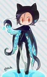 Rule 34 | 1boy, amiami, animal ears, black hair, bodysuit, capelet, cat ears, fork, male focus, octocat, personification, red eyes, short hair, simple background, smile, solo, tentacles
