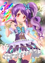 Rule 34 | !, 1girl, absurdres, bad id, bad pixiv id, bare shoulders, blush, bracelet, butterfly hair ornament, character name, dress, hair ornament, highres, jewelry, junon (pripara), light purple hair, long hair, multicolored hair, open mouth, petticoat, pretty series, pripara, purple hair, red eyes, short dress, side ponytail, solo, soraryu saworu, sparkle, symbol-shaped pupils, thighhighs, two-tone hair, zettai ryouiki