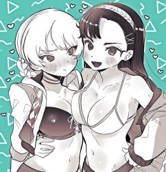 Rule 34 | 2girls, arm around waist, asymmetrical bangs, bikini, blush, braid, breasts, cleavage, closed mouth, commentary, darjeeling (girls und panzer), flying sweatdrops, front-tie bikini top, front-tie top, frown, girls und panzer, hair ornament, hairclip, halterneck, hand on own hip, heart, jacket, long sleeves, looking at viewer, medium breasts, multiple girls, navel, nishi kinuyo, off shoulder, open clothes, open jacket, open mouth, partially colored, short hair, smile, swimsuit, tama launcher, triangle, x hair ornament, yuri