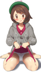 Rule 34 | 1girl, barefoot, blush, bob cut, brown eyes, brown hair, buttons, cable knit, cameltoe, cardigan, clothes lift, collared dress, commentary request, creatures (company), dress, dress lift, eyelashes, full body, game freak, gloria (pokemon), green hat, grey cardigan, hat, highres, hooded cardigan, lifted by self, nintendo, open mouth, panties, pink dress, pokemon, pokemon swsh, raised eyebrows, shiny skin, short hair, sitting, smile, solo, tam o&#039; shanter, toes, uhyoko, underwear, white background, white panties